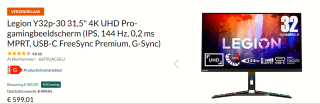 Lenovo Legion Y32p-30 31,5" 4K Gaming monitor voor €599,01 bij Lenovo
