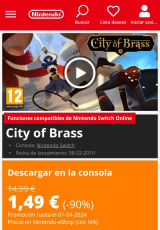 City of Brass Nintendo Switch por 1,49€.