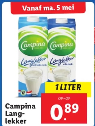 Campina Langlekker volle en halfvolle melk voor €0,89 bij de Lidl