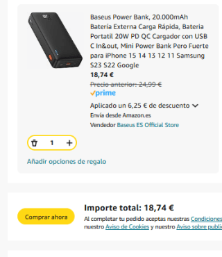 Baseus Power Bank, 20.000mAh Batería Externa Carga Rápida por 18,74€