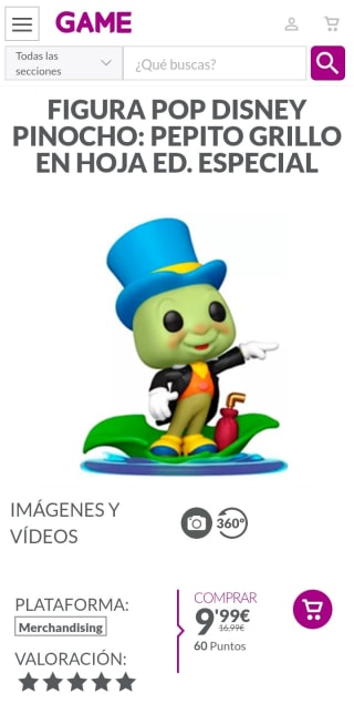 Figura Pop Disney Pinocho: Pepito Grillo en hoja Ed. Especial por 9,99€.