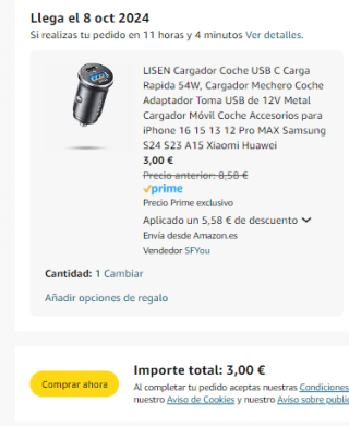 54W Cargador LISEN Mechero Coche USB C +USB A por 3€