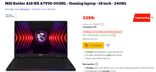 MSI Raider A18 HX A7VIG-002NL - Gaming laptop - 18 inch - 240Hz voor €3399 bij Bol