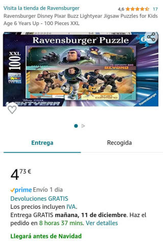 Puzzle marca Ravensburger de Disney Pixar Buzz Lightyear 100 Pieces XXL por 4,75€