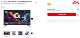 TV DLED 40" ANEXA SMART40C01FG Google Assistant, Full-HD, Arm Cortex A55x4, Smart TV por 179,89€