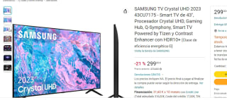Televisión LED 43 pulgadas Samsung TU43CU7175UXXC, UHD 4K por 299€