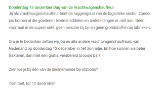 Voor alle vrachtwagenchauffeurs van Nederland een gratis broodje gehaktbal via BP