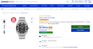 Relógio Masculino da Technos, modelo Skymaster Prata - R$ 260,91