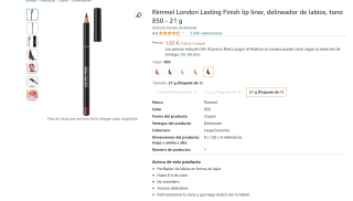 Delineador de labios marca Rimmel London Lasting Finish lip liner, tono 850 - 21 g por 1,62€