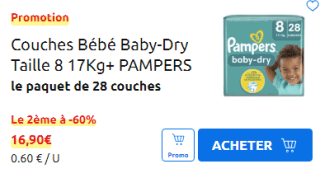 Couches baby-dry taille 8 PAMPERS à 16,90€