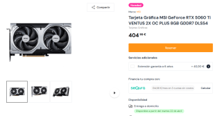Tarjeta Gráfica MSI GeForce RTX 5060 Ti VENTUS 2X OC PLUS 8GB GDDR7 DLSS4 por 404,95€