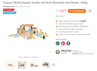 Classic World Houten Noah's Ark Boot Bouwset met Dieren, 16dlg. voor €15 bij Lobbes