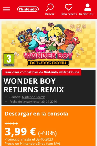 WONDER BOY RETURNS REMIX Nintendo Switch 3,99€.