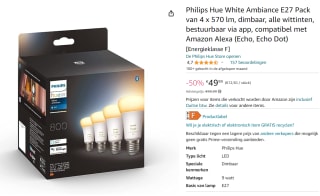 Philips Hue White Ambiance E27 Pack van 4 voor €49,99 bij Amazon.de