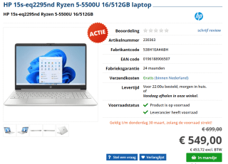 HP 15s-eq2295nd Ryzen 5-5500U 16/512GB laptop voor €549 bij Informatique