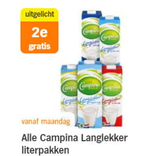 Alle Campina Langlekker literpakken 1=1 gratis bij de AH