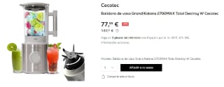 Batidora de Vaso Cecotec Grand Katana 2700MAX Total Destroy B. Potencia nominal 1800W y Máx 2700W de 1.8L por 77.99€