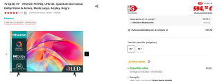 TV QLED 75" Hisense 75E7KQ, UHD 4K, Quantum Dot Colour, Dolby Vision & Atmos por 594,15€