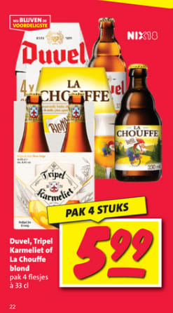 4 -pack Duvel, La Couffe Blond of Tripel Karmeliet voor €5,99 bij de Nettorama