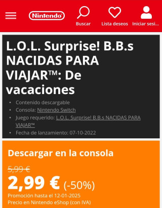 LOL Surprise! B.B.s Nacidas para viajar: De vacaciones Nintendo Switch por 2,99€.