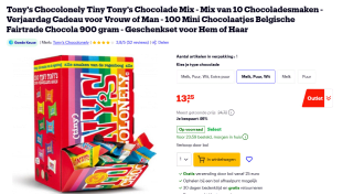 100 stuks Tiny Tony's mix chocolaatjes voor €13,25 bij Bol
