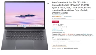 Ordenador Portatil Acer Chromebook Plus 514 CB514-3H-R81B AMD Ryzen 3 7320C/8GB/256GB SSD/14" por 329€