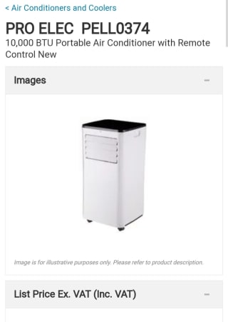 PRO ELEC 10,000 BTU Portable Air Conditioner with Remote Control - PELL0374 for £234.58 at CPC Farnell