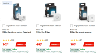 Cashback van 2+1 op geselecteerd assortiment van Philips Hue bij Bol