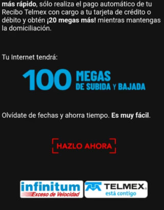 20 Megas Más al domiciliar el pago en Infinitum Telmex
