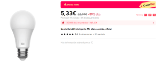 Xiaomi Mi LED Smart Bulb Bombilla Inteligente 8W E27 WiFi por 5,33€