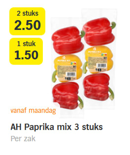 2 x AH Paprika mix 3 stuks voor €2,50 bij de AH