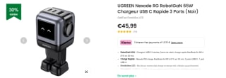 Chargeur USB C Rapide Ugreen Nexode RG - 65W, 3 Ports à 45,99€