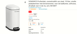SONGMICS prullenbak 10 liter voor €25,45 bij Amazon