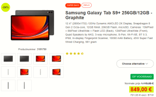 Samsung Galaxy Tab S9+ WiFi 256GB X810 Grijs voor €849 bij Proshop