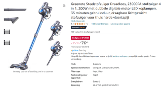 Greenote GSC50 Draadloze Steelstofzuiger 200W voor €76,49 bij Amazon