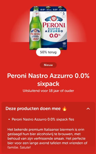 Probeer Peroni Nastro Azzarro 0.0% Sixpackmet 50% korting via Tikkie