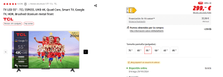 TV LED 55" TCL 55P655, UHD 4K, Quad Core, Smart TV, Google TV, HDR por 299€