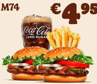 Burger King kortingscode voor 2 Whopper Jr.+ medium King Fries + 0,4 L Frisdrank voor €4,95
