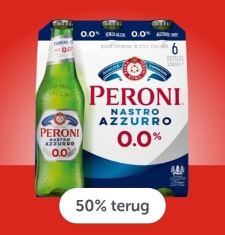 50% cashback op een Peroni Nastro Azzurro 0.0% sixpack via Tikkie