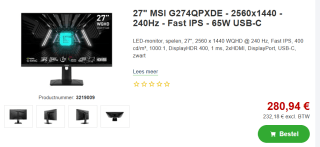 MSI G274QPXDE computer monitor 68,6 cm (27") voor €280,94 bij Proshop