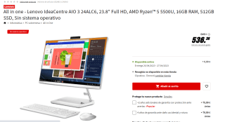 Ordenador All in one - Lenovo IdeaCentre AIO 3 24ALC6, 23.8" Full HD, AMD Ryzen 5 5500U, 16GB RAM, 512GB SSD, FreeDos por 536.36€