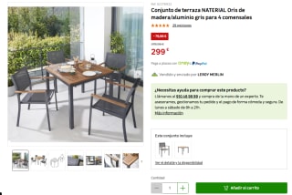 Conjunto de terraza NATERIAL Oris de madera/aluminio gris para 4 comensales por 299€