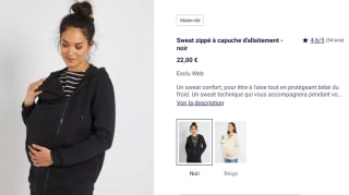 Sweat zippé noir d’allaitement à capuche à 22€
