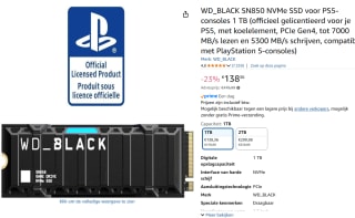 WD Zwart SN850 NVMe SSD BBKW0010BBK - SSD - 1 TB - PCIe 4.0 x4 (NVMe) voor €138,36 bij Amazon