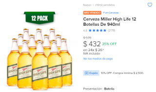 12 Botellas Cerveza Miller High Life 940ml por $432 en Mercado Libre