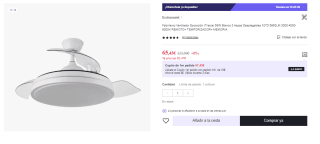 Ventilador de techo con luz led, motor DC, color blanco, aspas retráctiles, mando a distancia, temporizador, memoria de luz, 3 tonalidades y 6 velocidades por 65.43€ (Cuenta Nueva 53.43€)