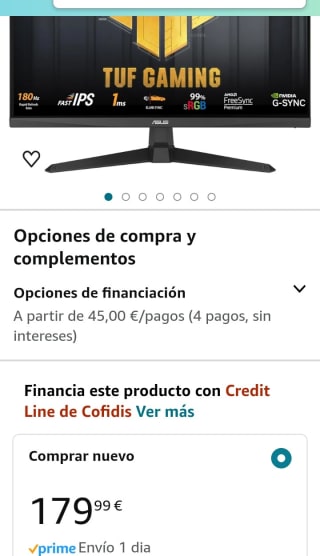 Asus Monitor TUF Gaming 27"por 179,99€.