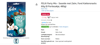 8 x Felix Party Mix Seaside zalm-, koolvis-, forelsmaak kattensnoep 60 gr voor €4,69 bij Amazon