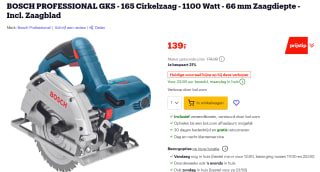 BOSCH PROFESSIONAL GKS - 165 Cirkelzaag - 1100 Watt voor €139 bij Bol.com