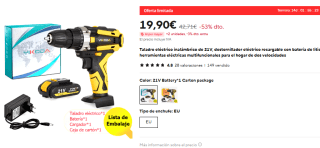 Taladro eléctrico inalámbrico de 21V + batería por 19,90€